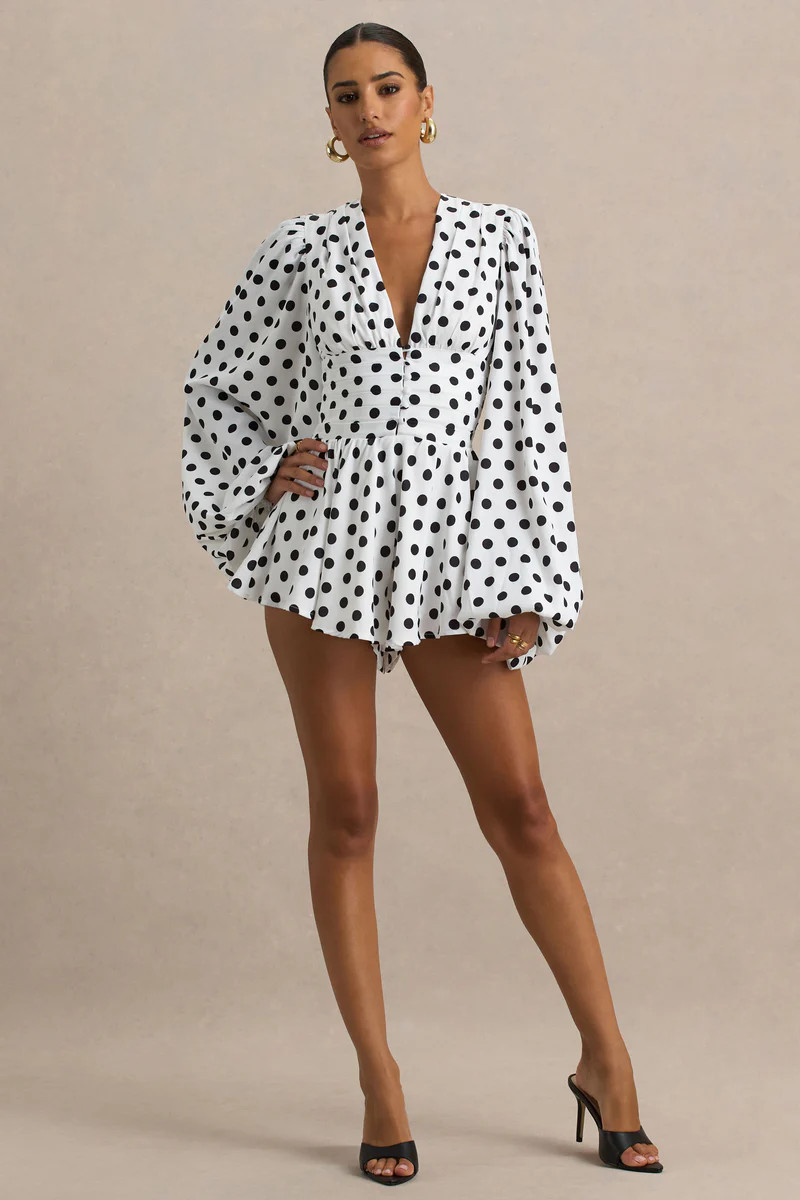 Laurel  White Polka Dot V-Neck Balloon Sleeve Playsuit | Club L London