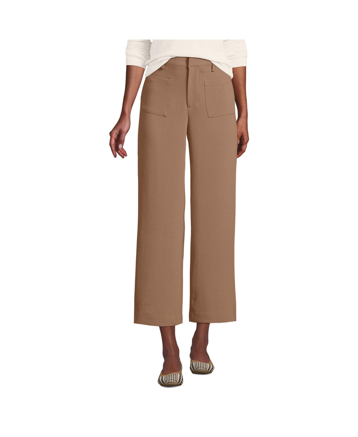 Lands' End Women's Crepe High Rise Patch Pocket Wide Leg Crop Pants - Honey beige | Macy's