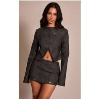 Petite Charcoal Stud Detail Faux Leather Jacket | PrettyLittleThing US