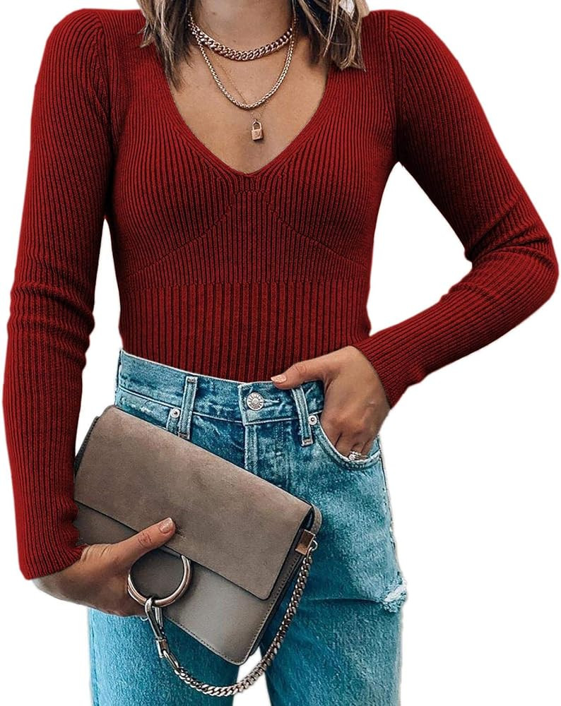 MISUMALLS Women's V Neck Long Sleeve Sweaters Ribbed Knit Casual Solid Pullover Jumper Tops | Amazon (US)