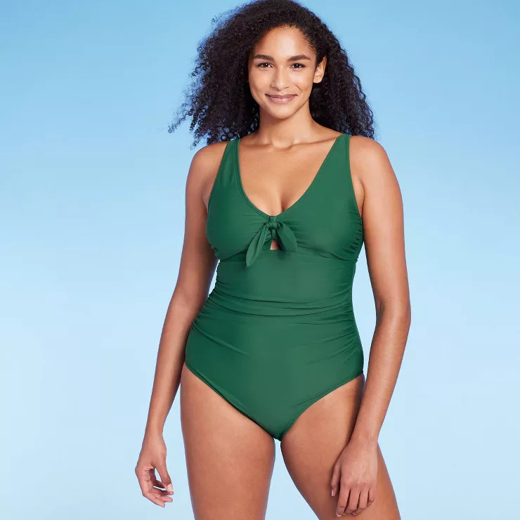 Women's Long Torso Tie-Front Ruched Full Coverage One Piece Swimsuit - Kona Sol™ Dark Green | Target