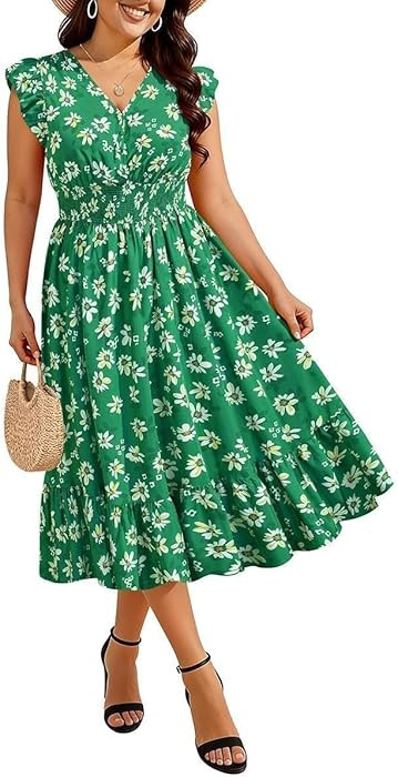 RITERA Womens Plus Size Summer Dresses V Neck Boho Floral Midi Dress Ruffle Sleeve Smocked Casual... | Amazon (US)
