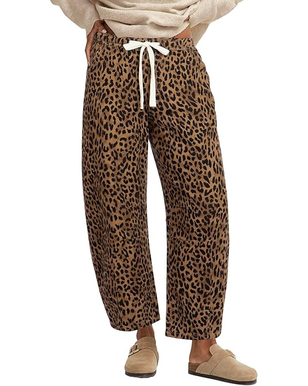 GRAPENT Barrel Jeans for Women Trendy High Waisted Pull On Wide Leg Cropped Leopard Cheetah Print... | Amazon (US)