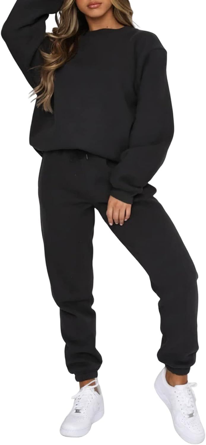 Viatabuna Women's 2 Piece Fleece Sweatsuit Outfit Long Sleeve Crewneck Pullover Sweatshirt Drawst... | Amazon (US)