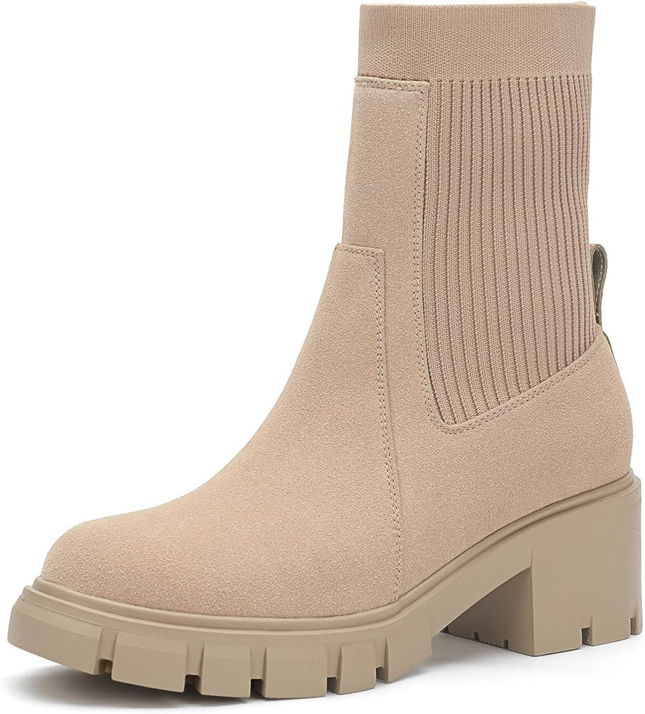 YULVSHOE Women's Chelsea Boots Comfortable Slip On Elastic Block Heel Platform Lug Sole Fashion A... | Amazon (US)