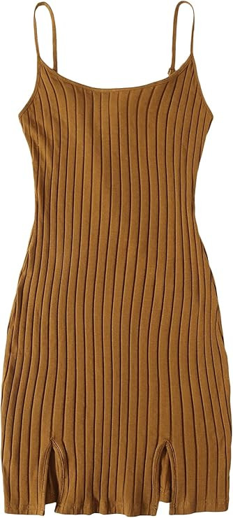 SheIn Women's Sleeveless Straps Cami Dress Bodycon Split Hem Rib Knit Mini Dress | Amazon (US)