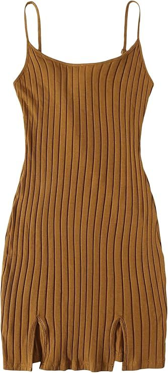 SheIn Women's Sleeveless Straps Cami Dress Bodycon Split Hem Rib Knit Mini Dress | Amazon (US)