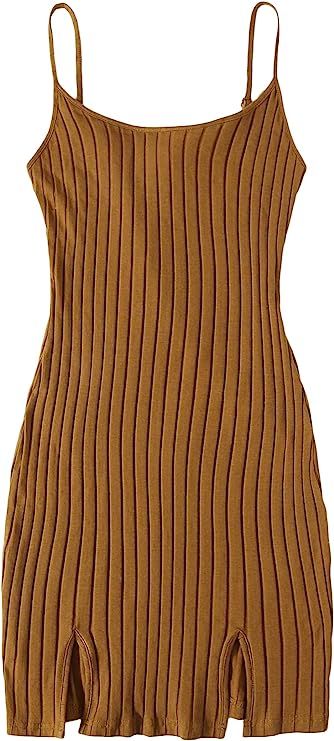 SheIn Women's Sleeveless Straps Cami Dress Bodycon Split Hem Rib Knit Mini Dress | Amazon (US)