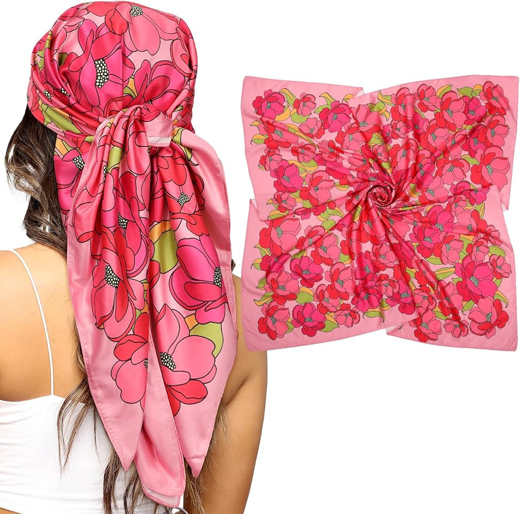 AWAYTR 35” Silk Scarf for Women Large Head Scarf Square Hair Scarf Satin Hair Bandana Printed S... | Amazon (US)