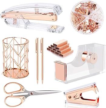 Famassi Rose Gold Desk Accessories，Office Supplies Set Acrylic Stapler Set Staple Remover, Tape... | Amazon (US)