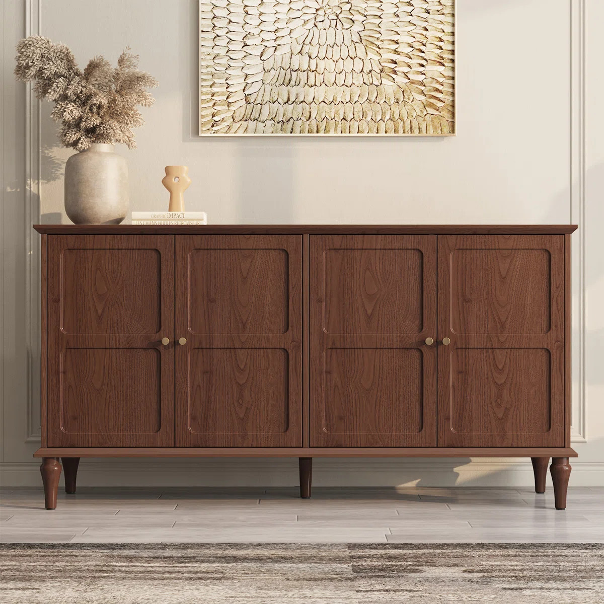 Gurbachan 58" Mid-Century 4-Door Cabinet with Adjustable Shelves and Removable Tall Wine Glass Ra... | Wayfair North America