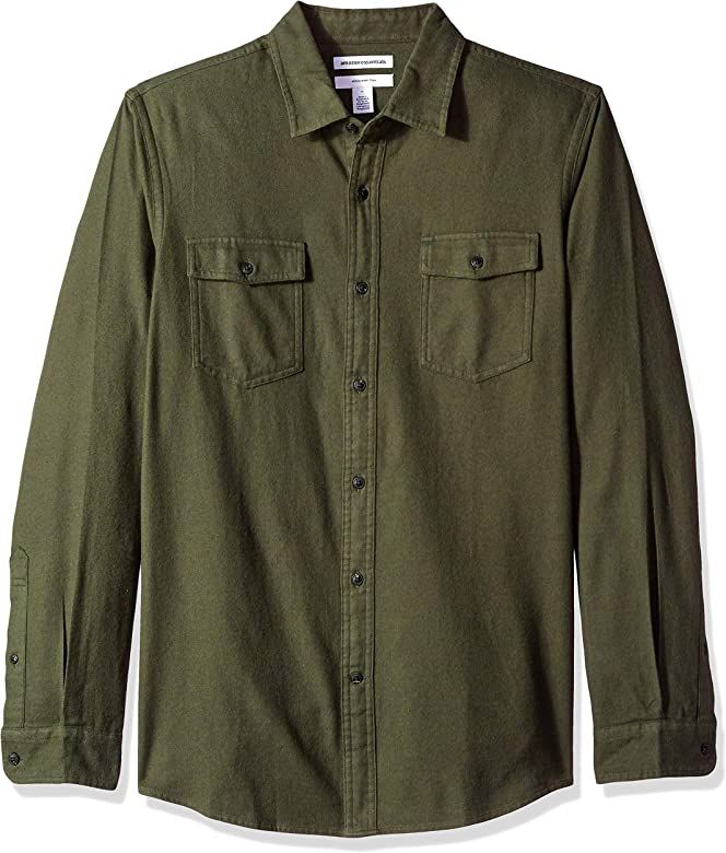 Amazon.com: Amazon Essentials Men's Slim-Fit Long-Sleeve Two-Pocket Flannel Shirt, Olive Heather,... | Amazon (US)