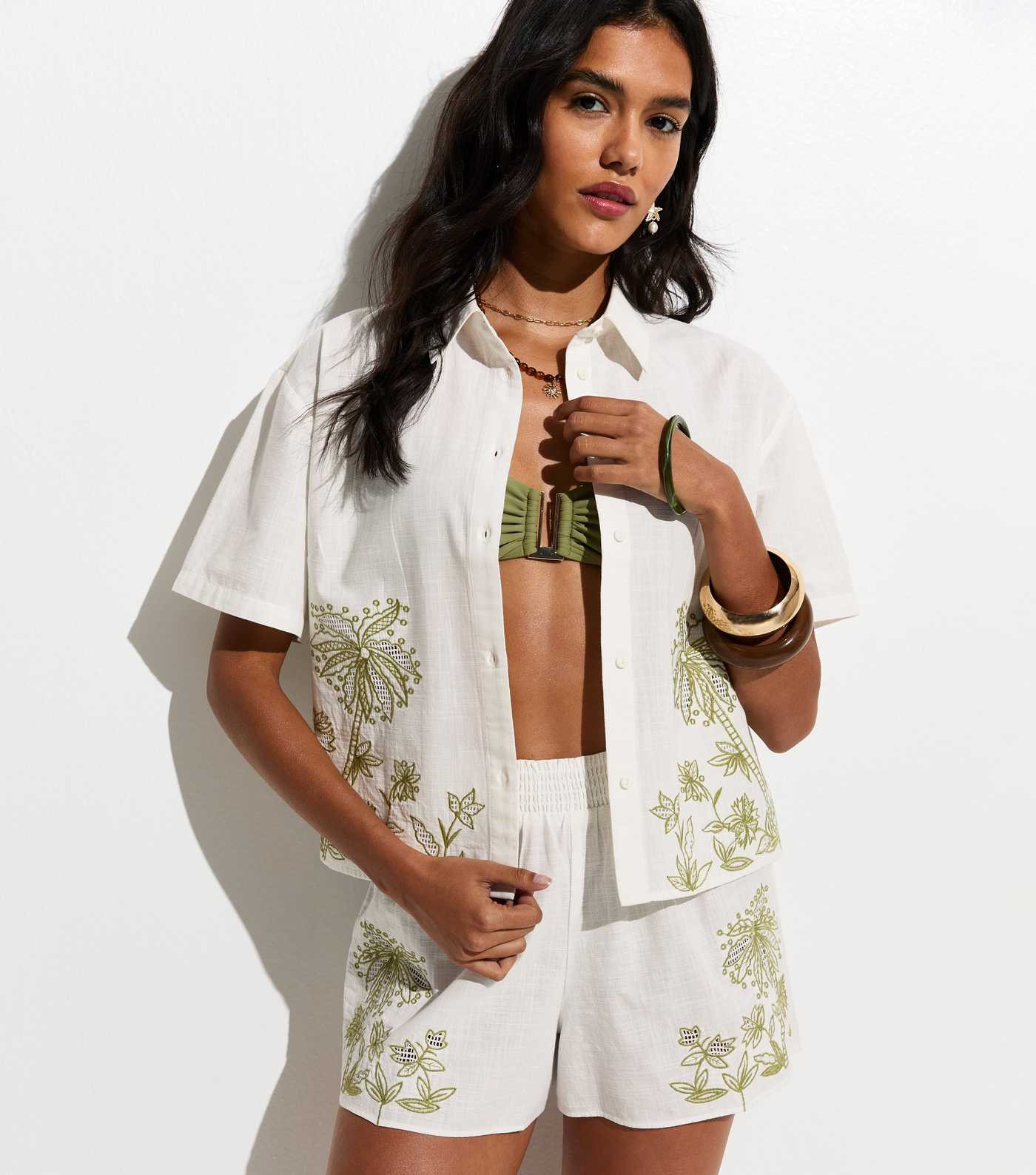 White Woven Palm Embroidered Cotton Beach Shirt | New Look | New Look (UK)