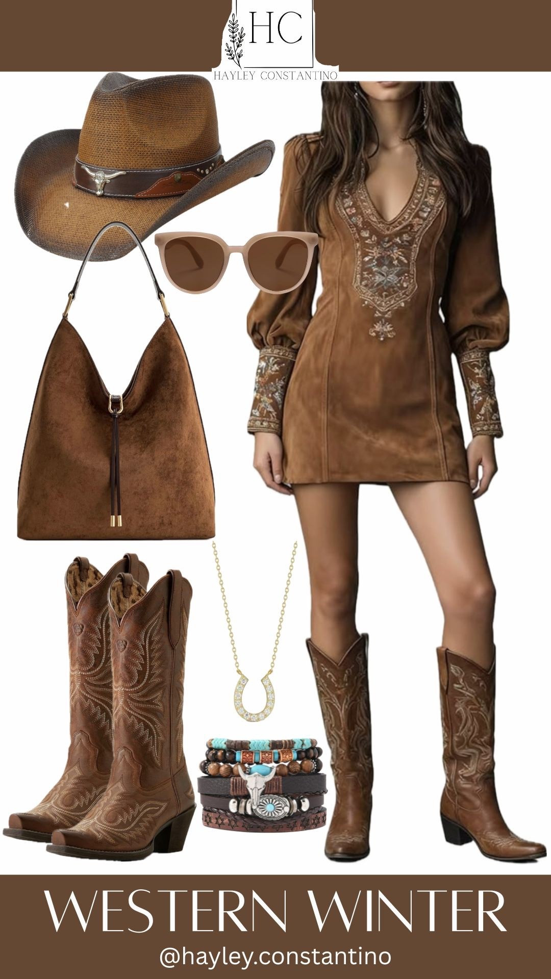This Western Winter look is giving “Yeehaw, but make it glam.” Think rich suede tones, embroidered details, and boots that say I can ride a horse… or just confidently strut into brunch like I own the ranch. The dress is flirty yet luxe, the cowboy hat adds instant attitude, and the tall boots pull it all together with that classic cowgirl charm. Add the statement bag, stacked bracelets, and chic shades and you’ve got modern western goddess written all over you. 🤎🤠
Where to wear this look:
✨ A winter getaway to Aspen, Jackson Hole, or Tahoe
✨ Country concerts, rodeos, or a Nashville weekend
✨ Cozy winter date nights or girls’ night out
✨ Holiday parties with a rustic twist
✨ Wine tasting, outdoor festivals, or anytime you want to look effortlessly bold and beautifully western
It’s classy, sassy, and a little yeehaw-chic — the perfect outfit for owning winter with cowgirl confidence.

#LTKTravel #LTKFindsUnder50 #LTKootd