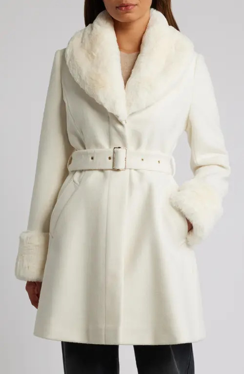 Via Spiga Belted Wool Blend Coat with Faux Fur Trim in Winter White at Nordstrom, Size Small | Nordstrom