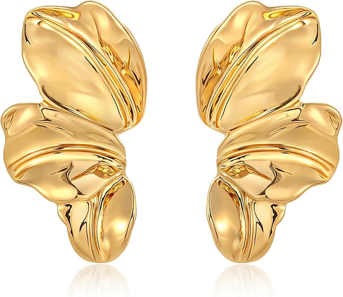 Gold Statement Leaf Earrings for Women \u2013 14K Gold Plated Large Geometric Flower Dangle Drop ... | Amazon (US)