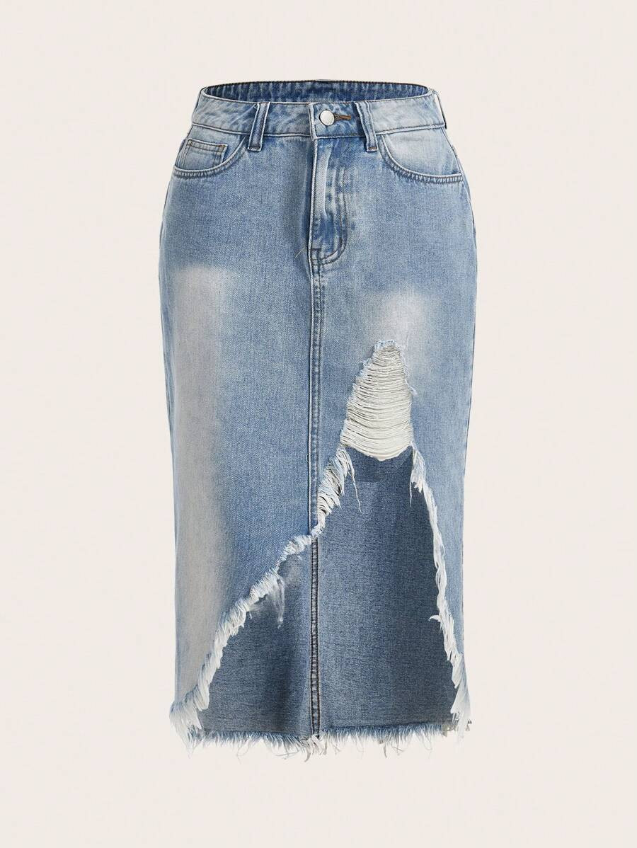 SHEIN EZwear Ripped Raw Hem Denim Skirt | SHEIN