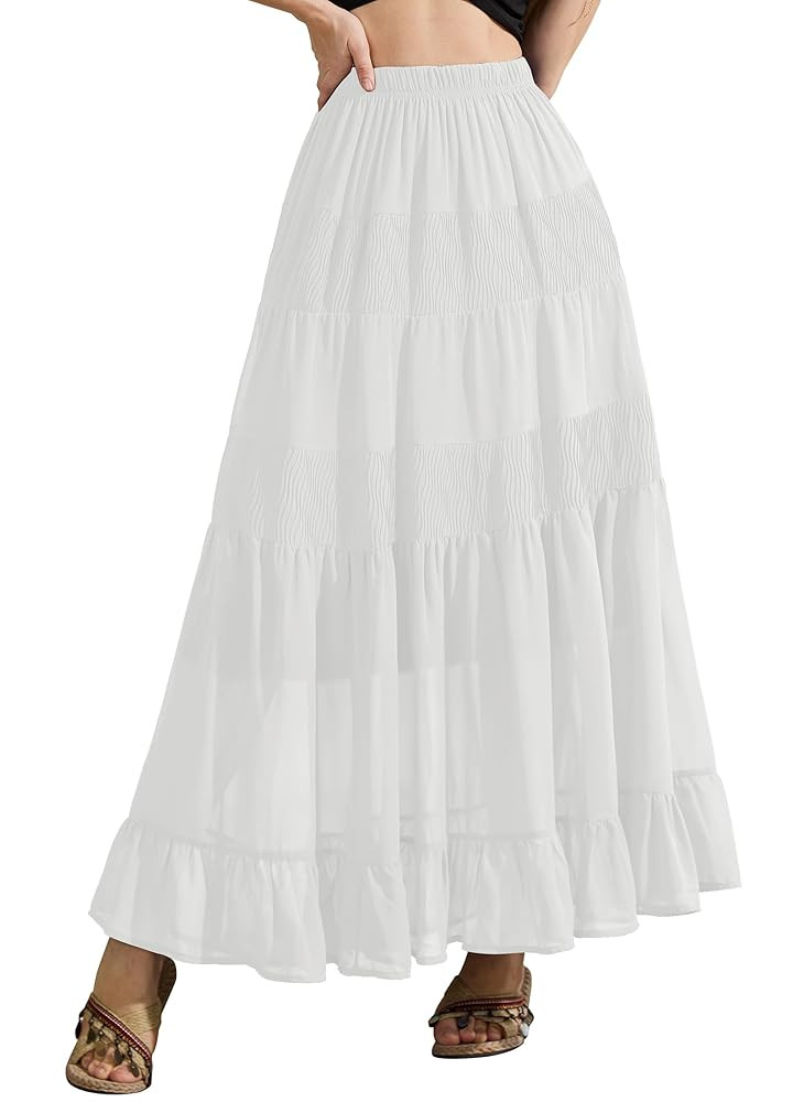 Women's Tiered Ruffle Boho Long Skirt Fall Chiffon Pleated Flowy Flared Maxi Skirt | Amazon (US)