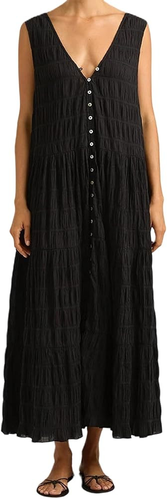 Women Sleeveless Tank Long Dress Sleeveless V Neck Button Down Tiered Ruched Maxi Dress Solid Col... | Amazon (US)
