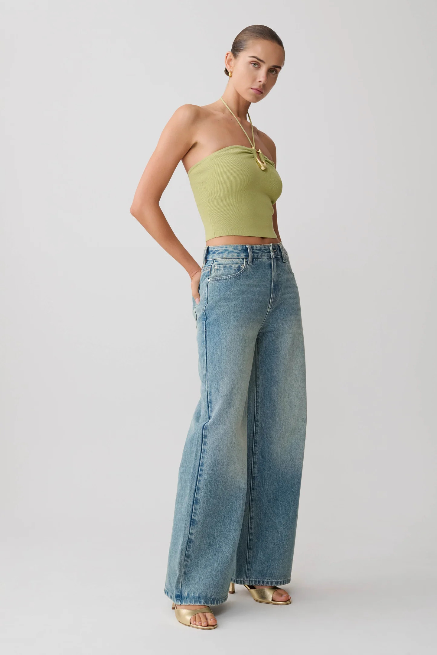 Dimitri Knit Halter Top With Hardware - Light Olive | Meshki UK