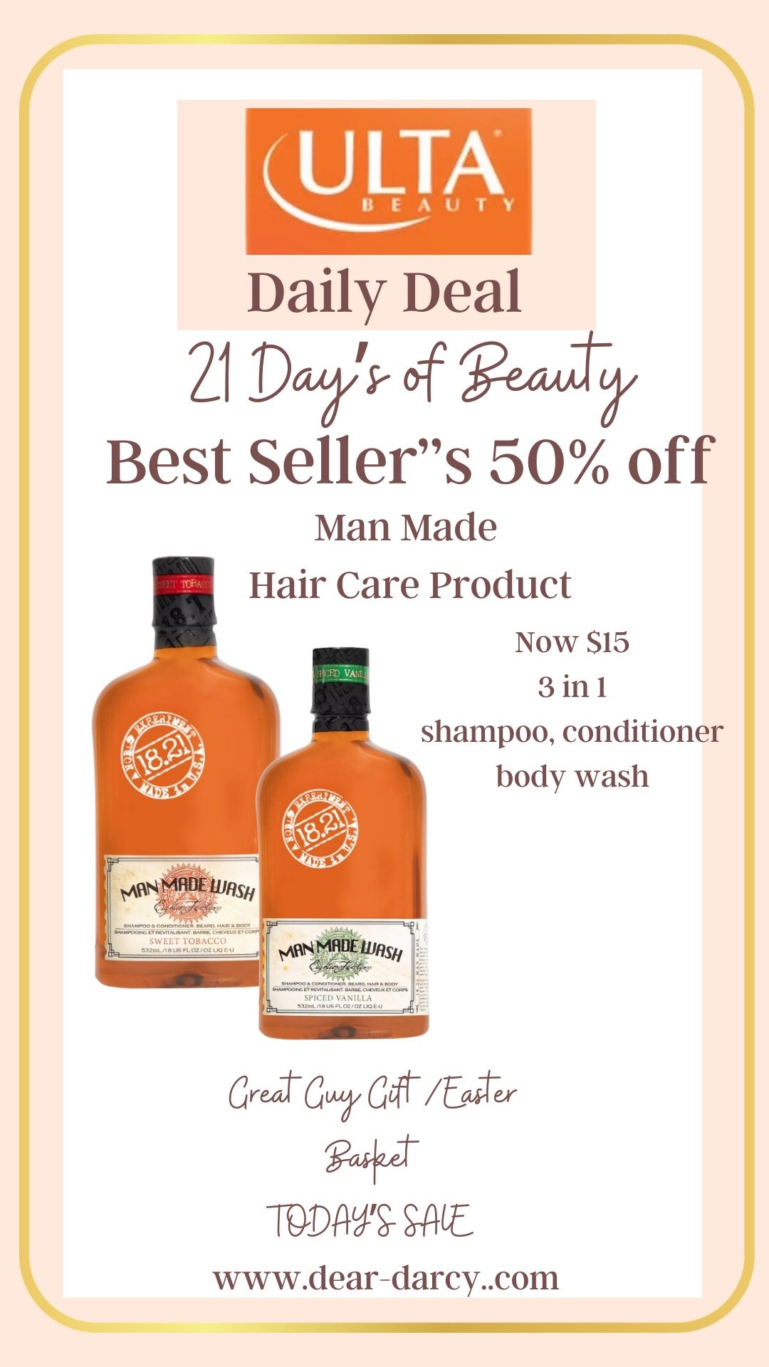 Ulta 21 days of beauty sale 

Todays deal 
Man made 
Shampoo and conditioner plus body wash 

Normally, $30  NOW $15


#LTKSaleAlert #LTKSpringSale #LTKBeauty