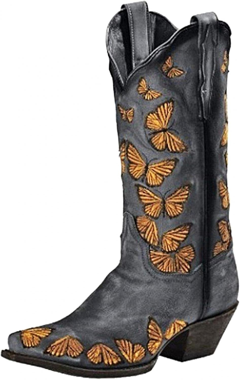 Cowboy Boots for Women Cowgirl Boots for Women Butterfly Mid Calf Chunky Heel Retro Square Toe Pu... | Amazon (US)