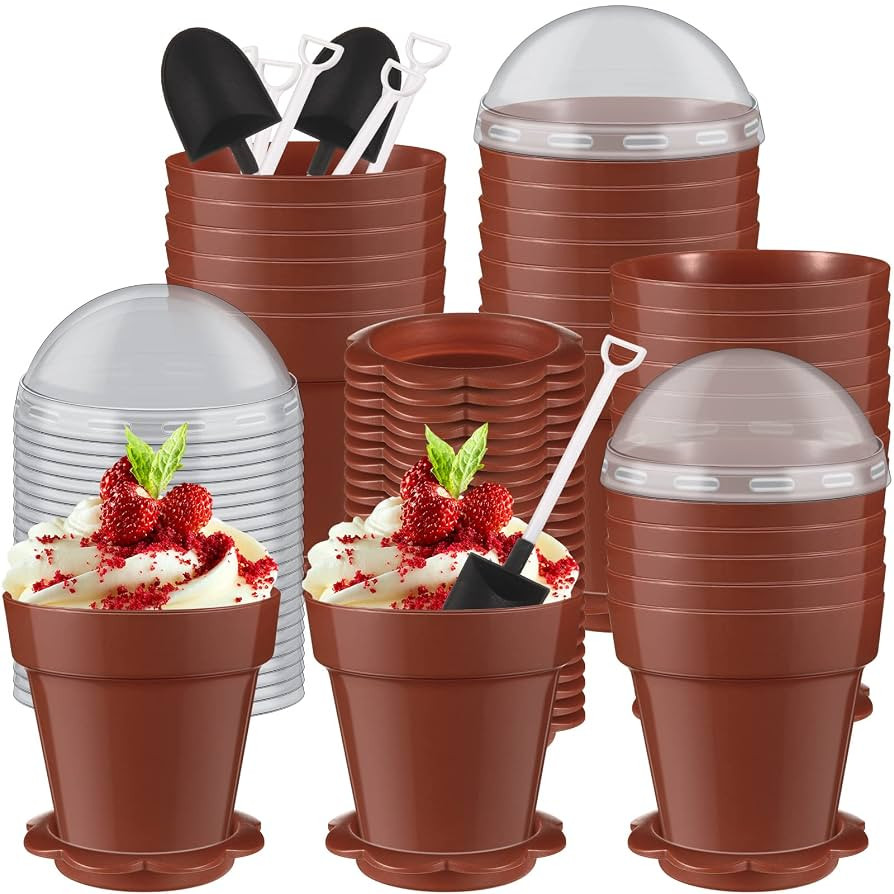 50 Pack Flowerpot Dessert Cup Plastic Cake Cups with Lid Shovel Spoon Bottom Tray Small Flower Po... | Amazon (US)