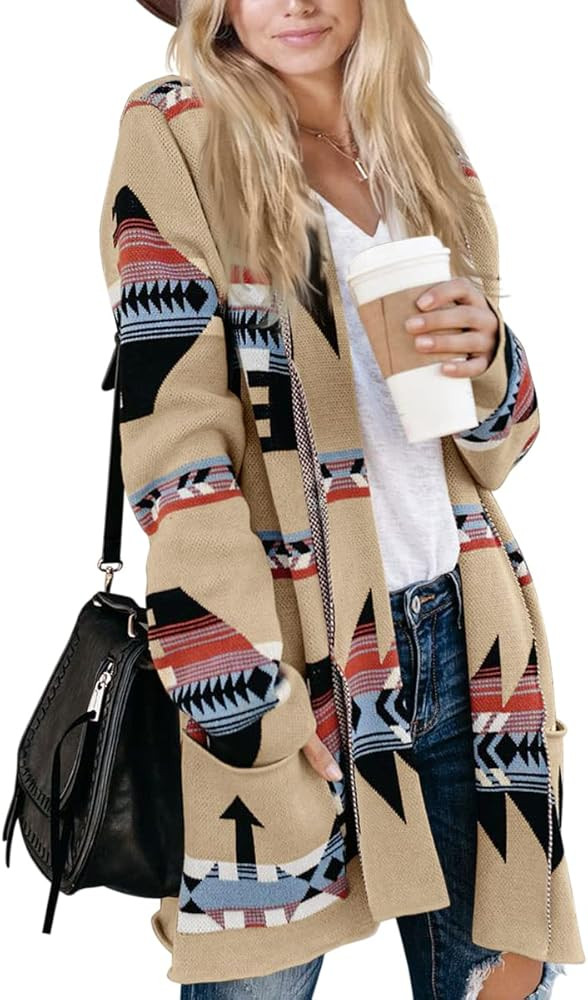 Women Boho Cardigan Aztec Open Front Long Sleeve Shawl Collar Sweater Coat | Amazon (US)