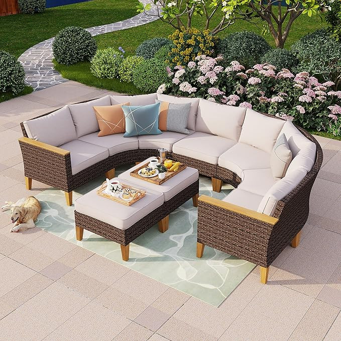 PHI VILLA 9-Piece Wicker Patio Conversation Set, Half-Moon Curved Sectional Outdoor Rattan Furnit... | Amazon (US)