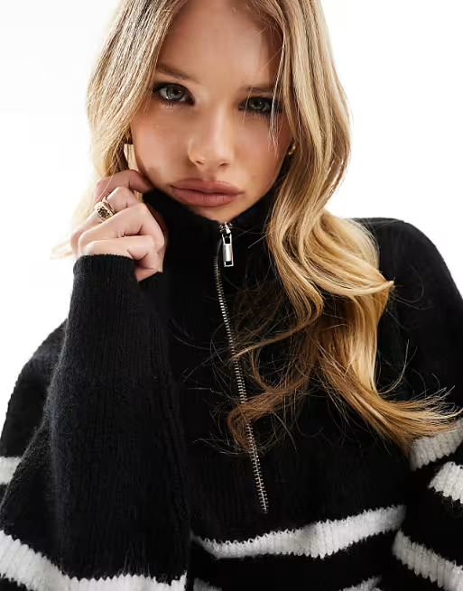 New Look striped quarter zip jumper in black and white | ASOS (Global)