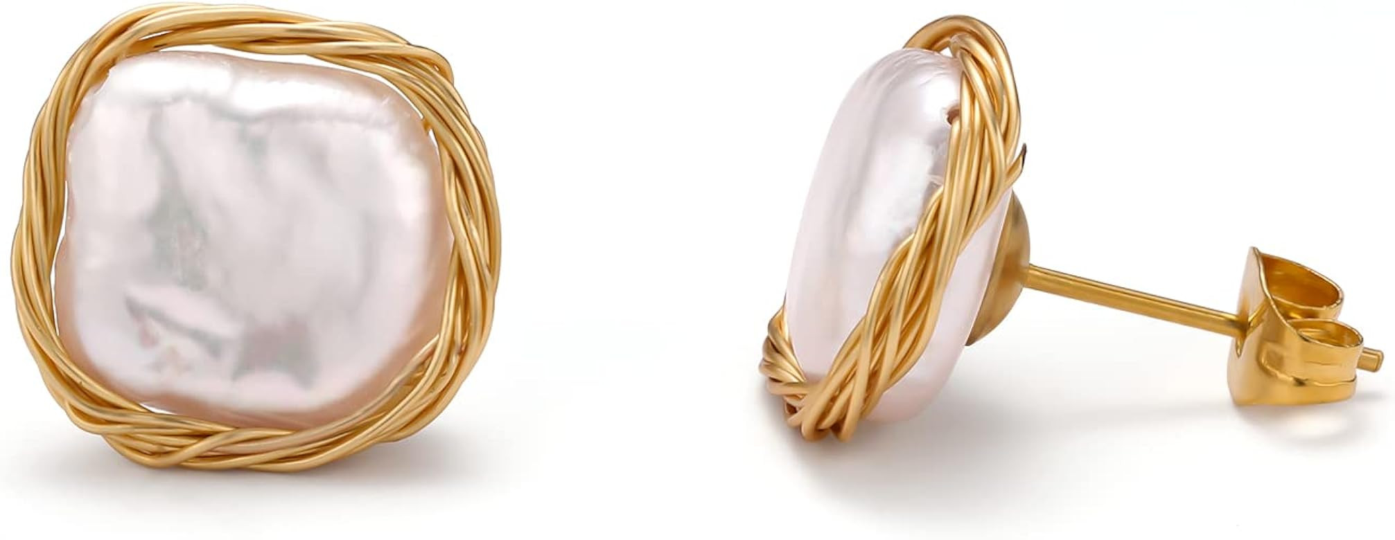 Cowlyn Pearl Stud Earrings Real Baroque Cultured 18K Gold Wrapped Silk Handmade Hypoallergenic Je... | Amazon (US)