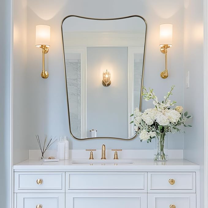 Gold Vanity Mirror, 26x38 Inch Brushed Gold Asymmetrical Wall Mirror, Antique Brass Bathroom Mirr... | Amazon (US)