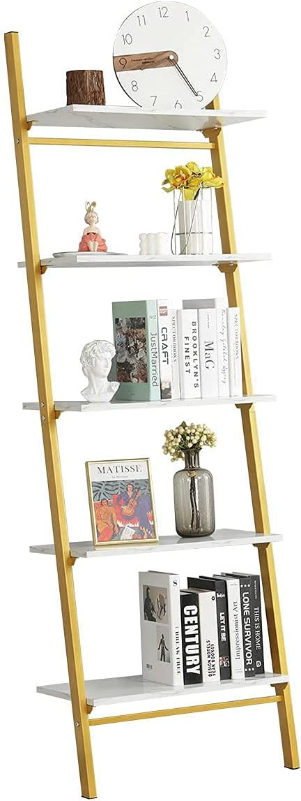 MELLCOM 5 Tier Leaning Shelf, Industrial Ladder Shelf with Golden Metal Frame, Plant Flower Stora... | Amazon (US)