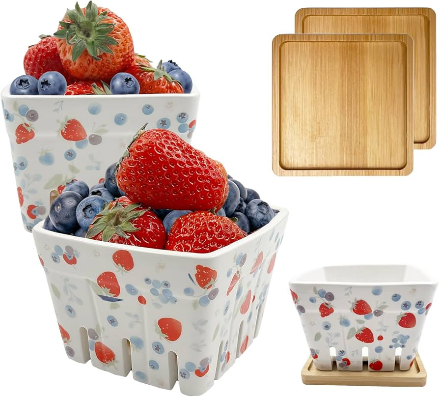 Amazon.com: SNAIL GARDEN 2Pcs Ceramic Berry Basket with 2Pcs Bamboo Coasters,Berry-Patterned Berry Bowls with Holes Ceramic for Strawberries Blueberries, Fruit Basket for Rustic Farmhouse Kitchen Decor : Home & Kitchen | Amazon (US)