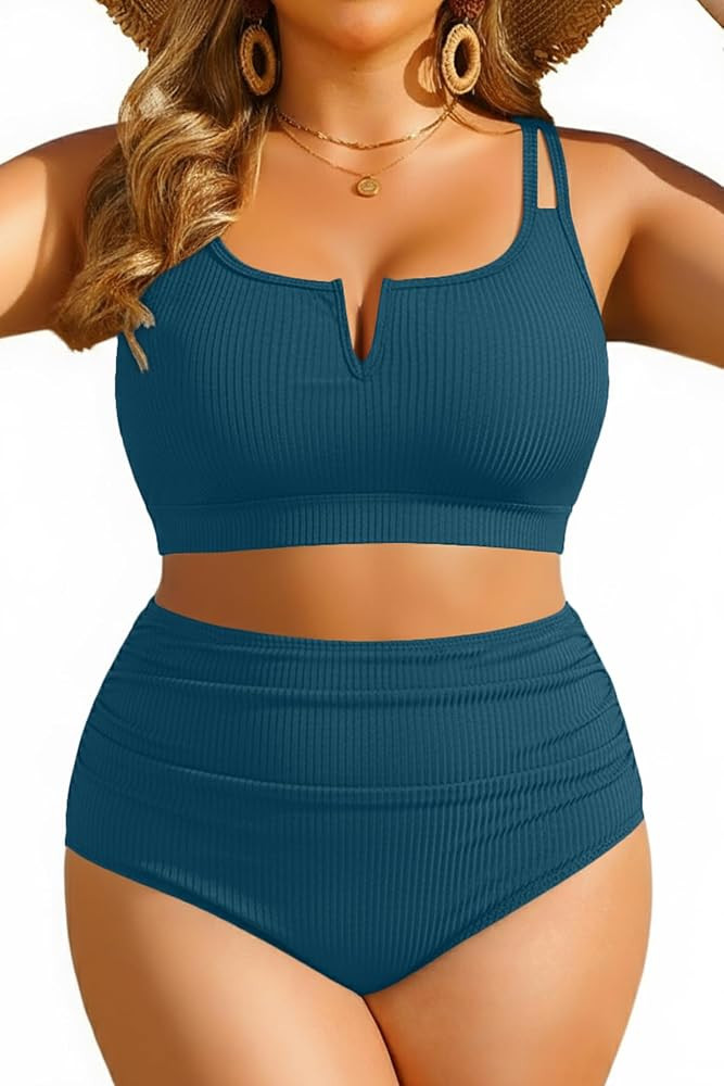 Women Plus Size High Waisted Bikini Ribbed Two Piece Tummy Control Swimsuit | Amazon (US)