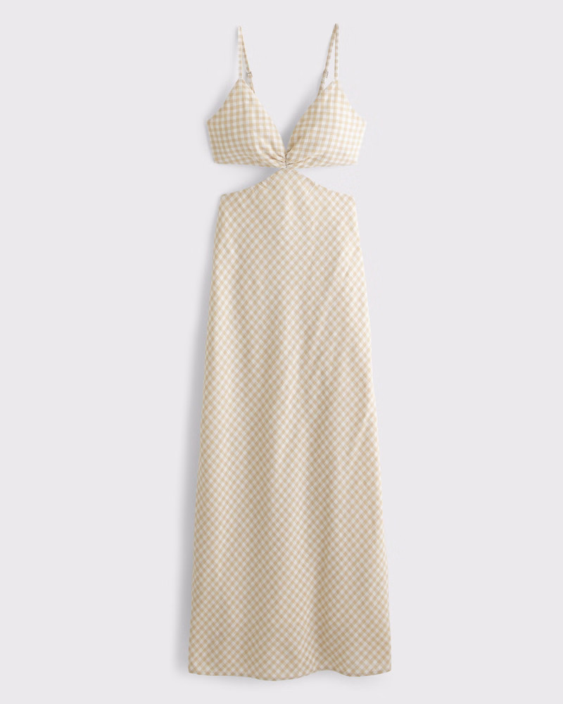 Abercrombie & Fitch Women's The A&F Julia Slip Cutout Maxi Dress in Light Brown Gingham - Size M TALL | Abercrombie & Fitch (US)