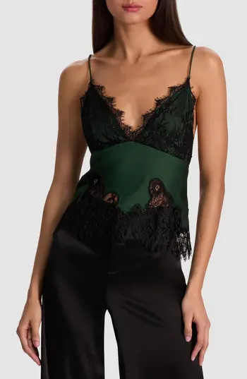 Alice + Olivia Claudia Lace & Satin Camisole in Green Mystique/Black at Nordstrom Rack, Size 10 | Nordstrom Rack