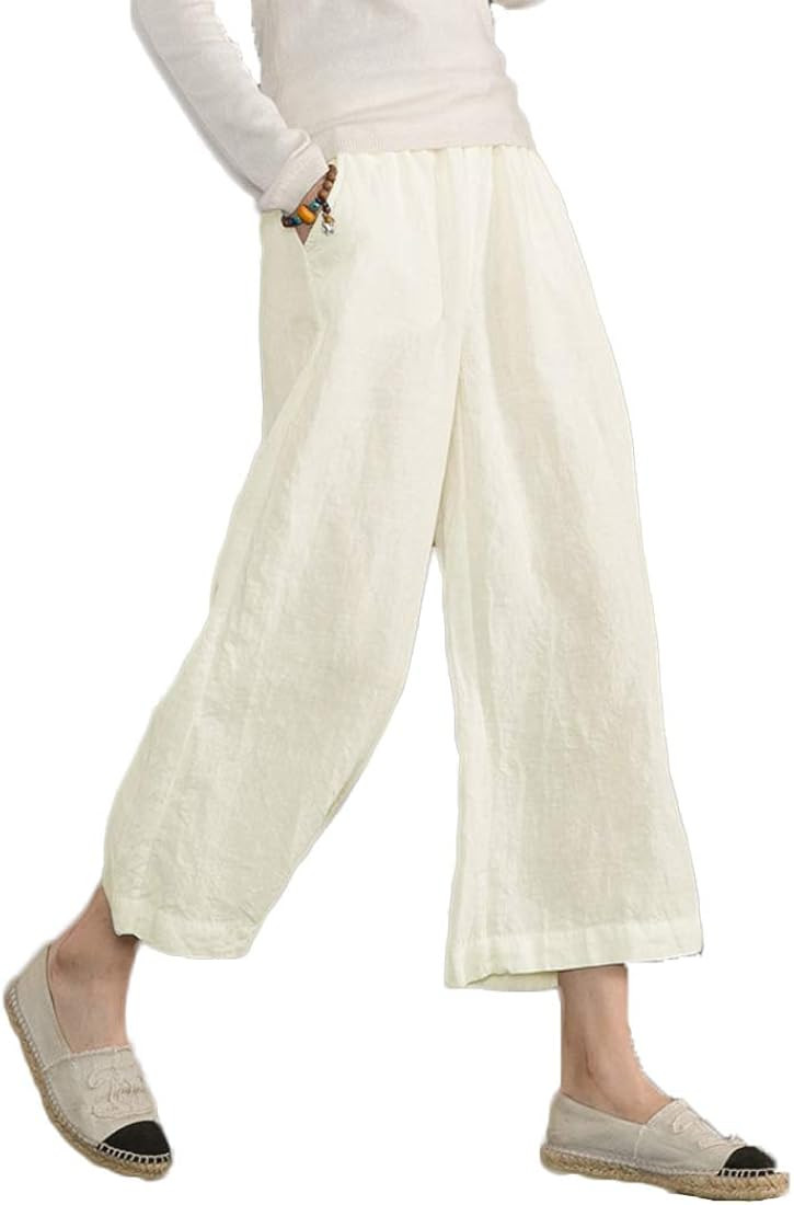 ECUPPER Womens Casual Loose Elastic Waist Cotton Trouser Cropped Wide Leg Pants | Amazon (US)