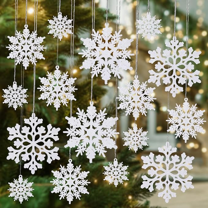 36pcs White Snowflake Ornaments for Christmas Tree, Plastic Glitter Snowflakes Decorations, Chris... | Amazon (US)