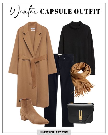 Winter capsule outfit 

Camel coat xs
Wool turtleneck sweater 
Fringed scarf 
Straight leg jeans 
Leather smooth tote 
Rover chelsea boots 

Capsule wardrobe / winter coat 
