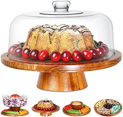 Acacia Wood Cake Stand with Clear Acrylic Dome Cover - 6-in-1 Multifunctional Cake Holder, Serving P | Amazon (US)
