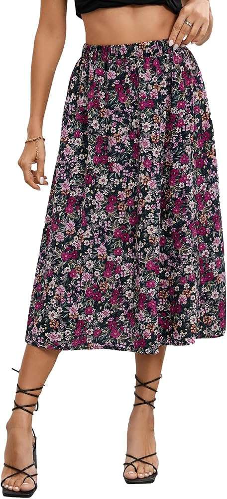 Milumia Women's Vintage Printed A Line High Waist Flare Flowy Casual Midi Skirts | Amazon (US)