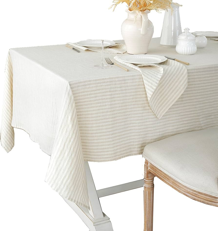 Linen World Stripe Linen Tablecloth,100% French Natural Stripe Table Cloth 55" x 55" Inch,Washabl... | Amazon (US)