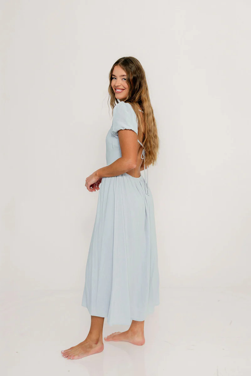 August Open Back Midi Dress in Baby Blue - Bump Friendly | Worth Collective