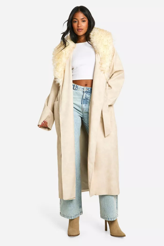 Tall Faux Fur Collar Vintage Look Faux Leather Trench Coat | boohoo (US & Canada)