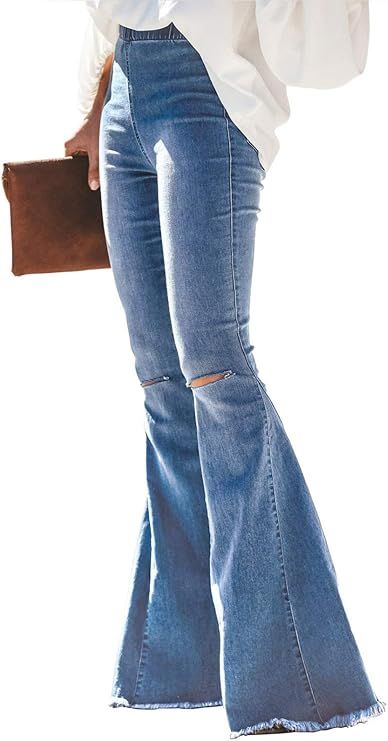 Sidefeel Women Destoryed Flare Jeans Elastic Waist Bell Bottom Raw Hem Denim Pants | Amazon (US)