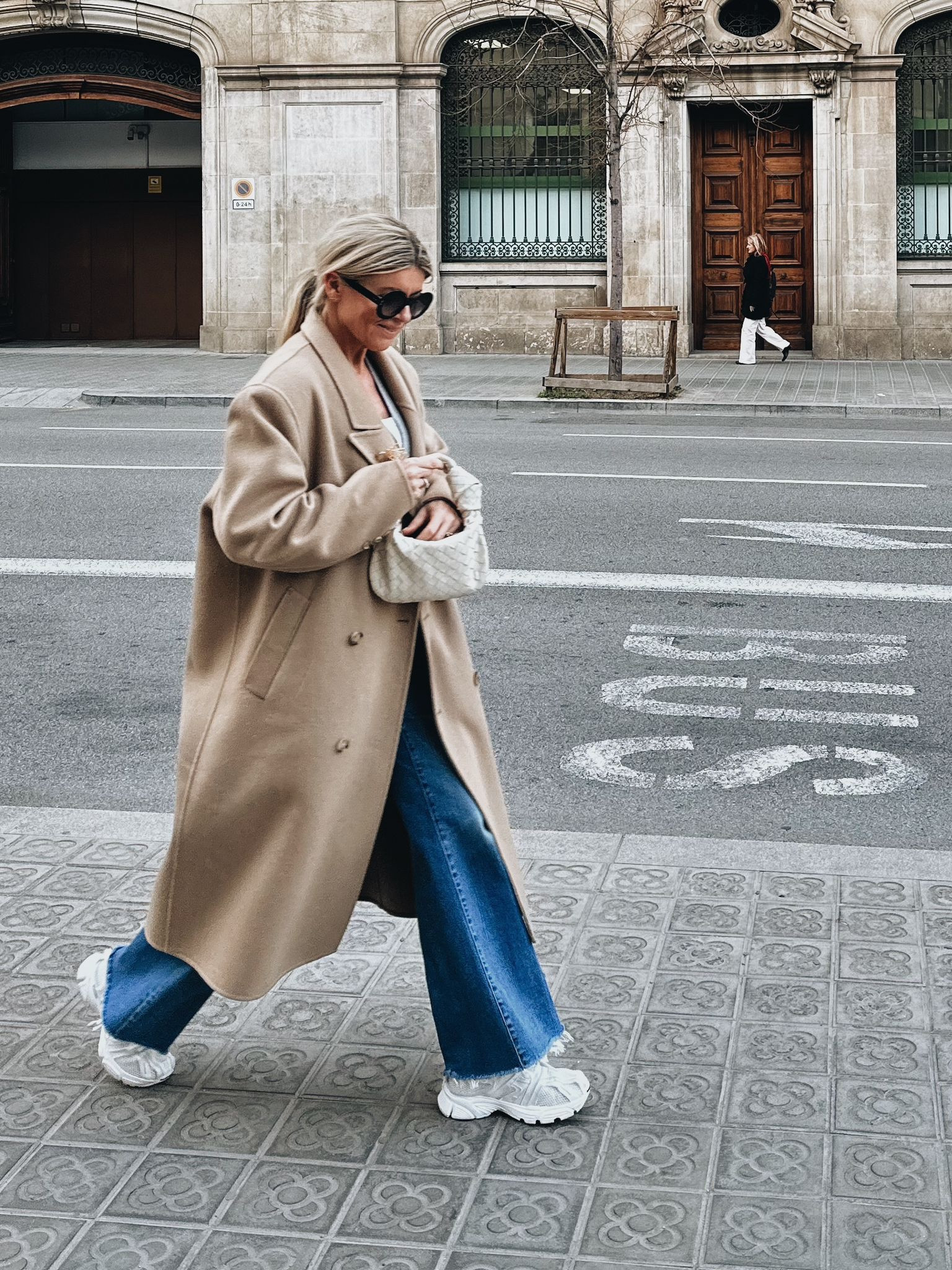 Barcelona streetstyle look. Beige coat. Jeans denim. Bottega Veneta White bag. White Balenciaga sneakers. 

#LTKeurope #LTKfit #LTKshoecrush