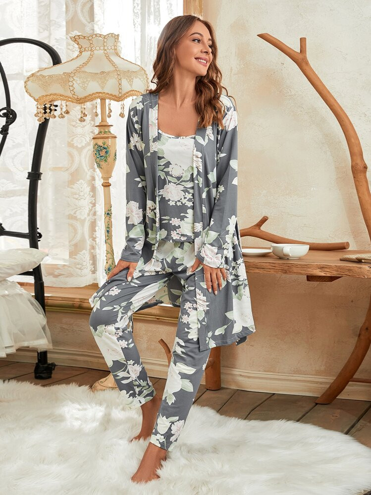 Moireta 3pcs Floral Print Belted Robe & Cami Top & Pants Set, Pajama Set, Fall Winter Clothes | SHEIN