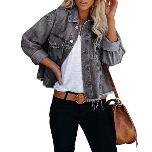 LONGBIDA Women's Jean Jacket Long Sleeve Cropped Button Down Denim Jacket For Women(Grey Black,XXL) | Amazon (US)