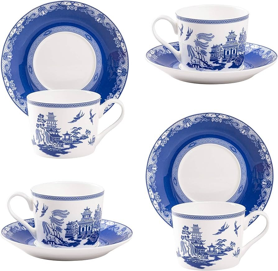 Grace Teaware Bone China Blue Willow Coffee/Tea Cup And Saucer 9-Ounce (Set of 4) | Amazon (US)